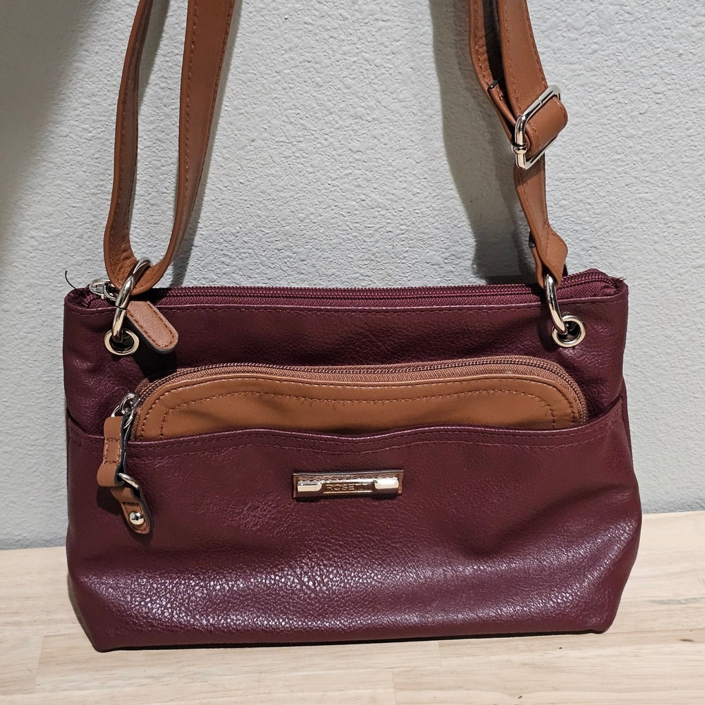 Rosetti Burgundy Faux Leather Crossbody Purse With Tan Accent Pocket